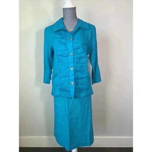 Aqua 100% Linen Skirt Shirt Set Made In USA Lagenlook Womens XSmall NewWTags